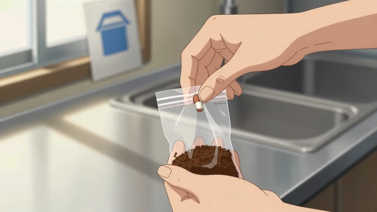 Hands mixing expired pills with coffee grounds for safe disposal