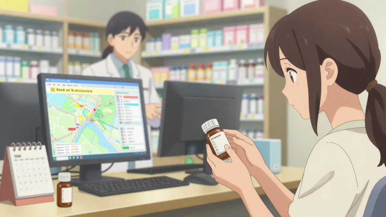 Patient checking medication lot number while pharmacist reviews recall alerts in background.