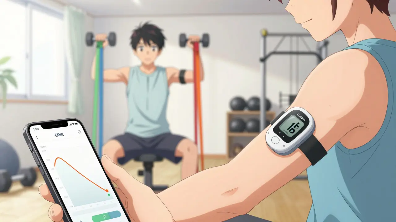 Person doing resistance training with CGM data visible