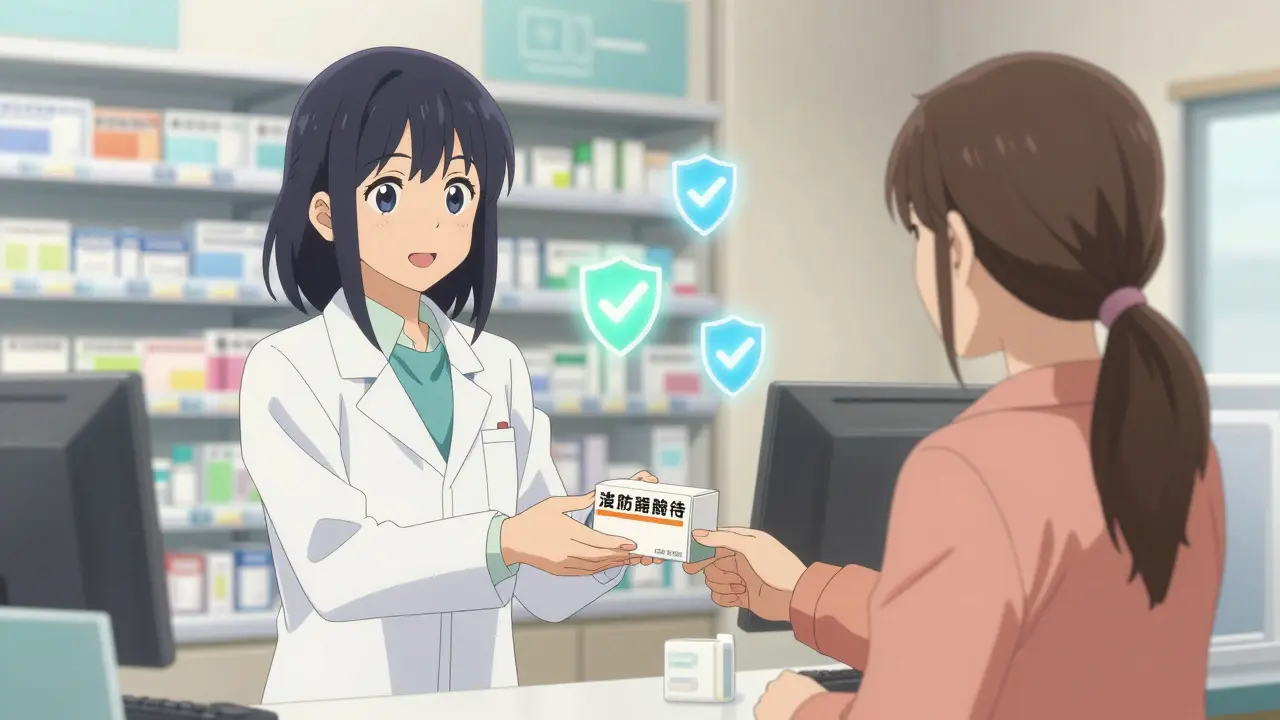 Pharmacist handing generic medicine to happy customer in bright shop