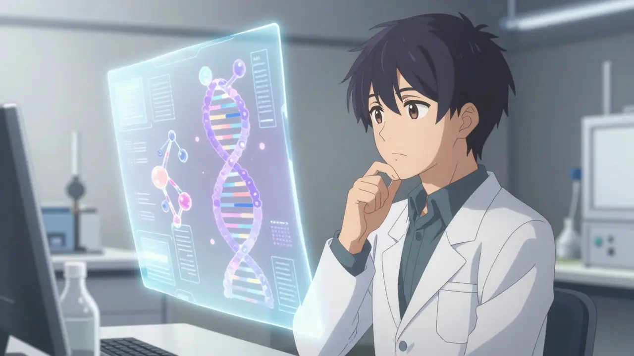 Scientist analyzing holographic DNA and molecular data in a lab