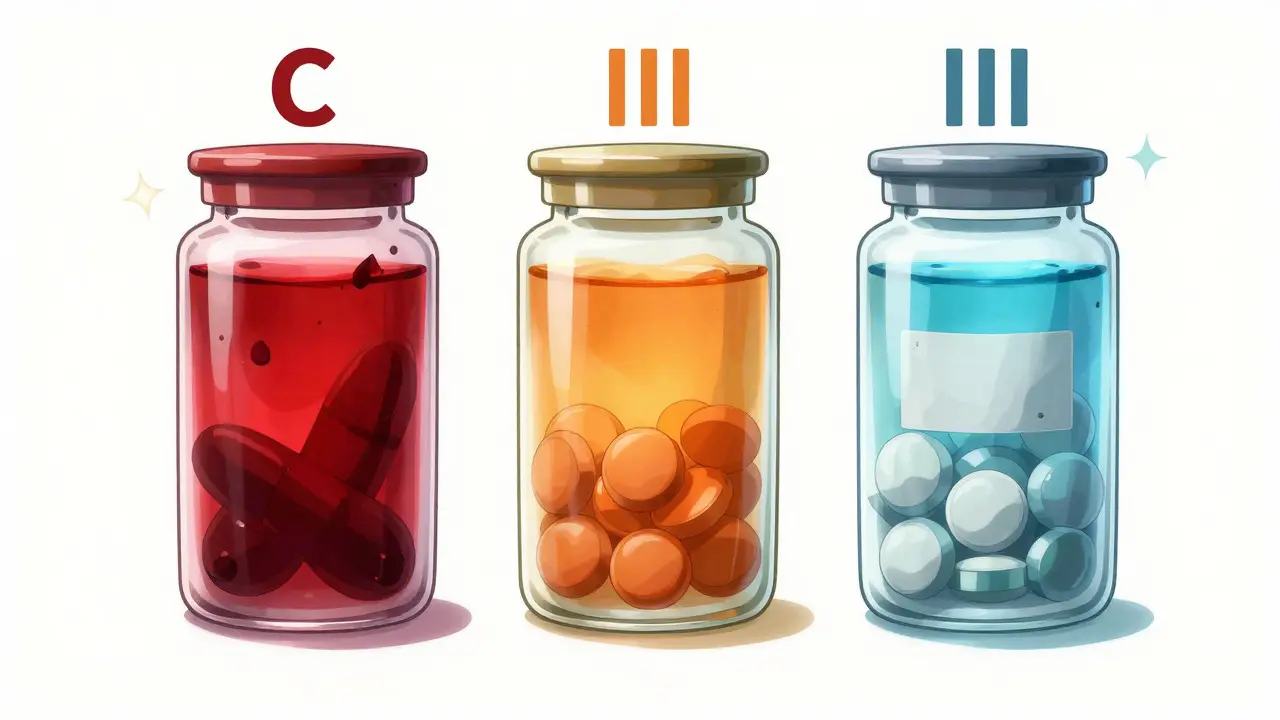 Three glowing containers representing Class I, II, and III drug recall severity levels.