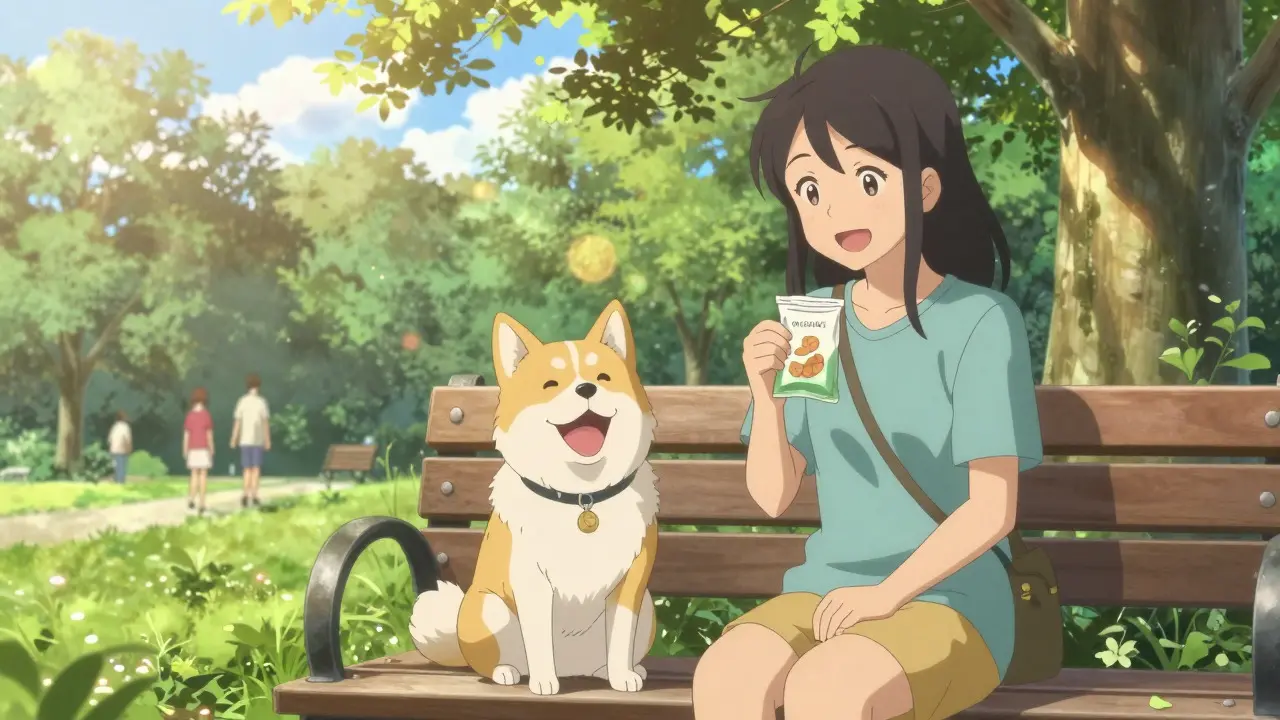 A happy dog and owner sitting together in a sunny park