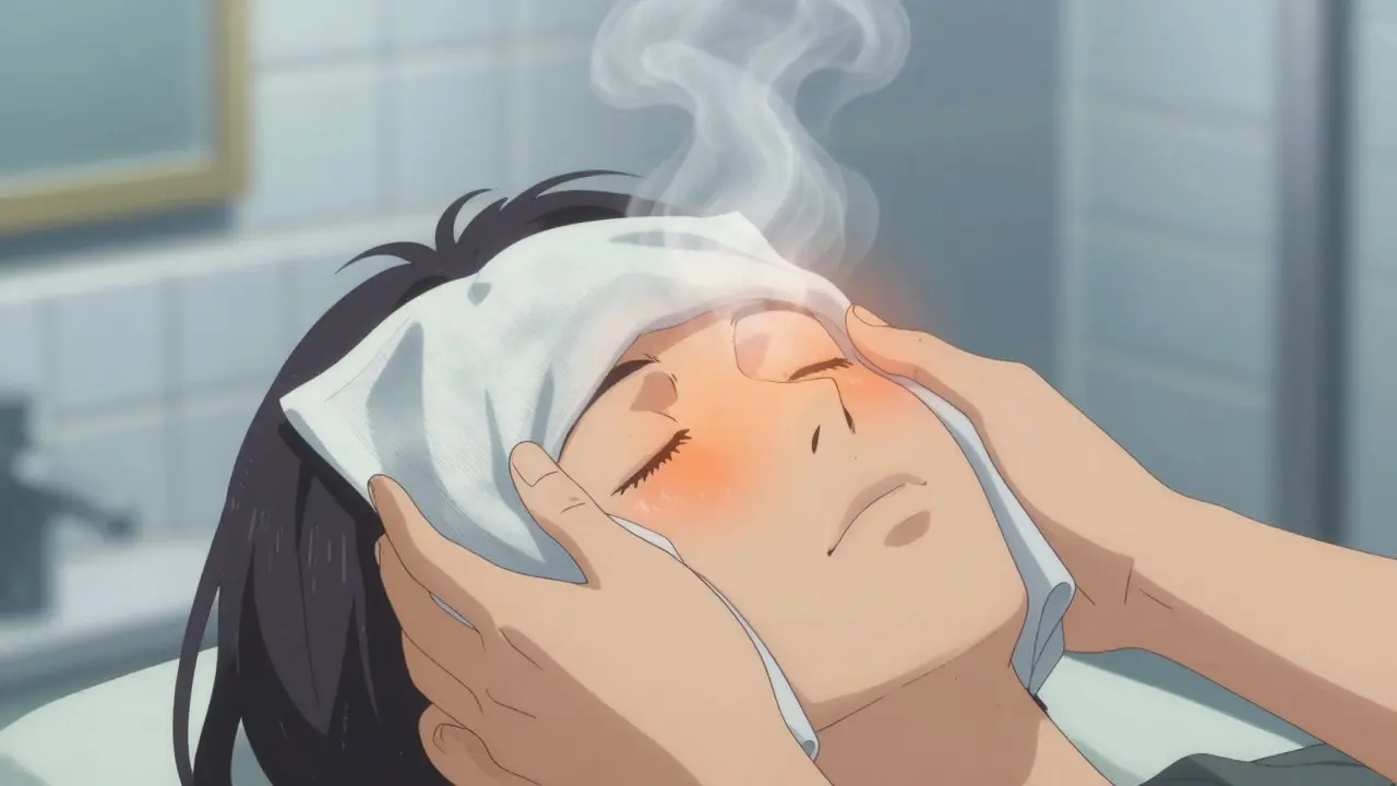 Anime character applying a steaming warm compress to their closed eyes in a bathroom
