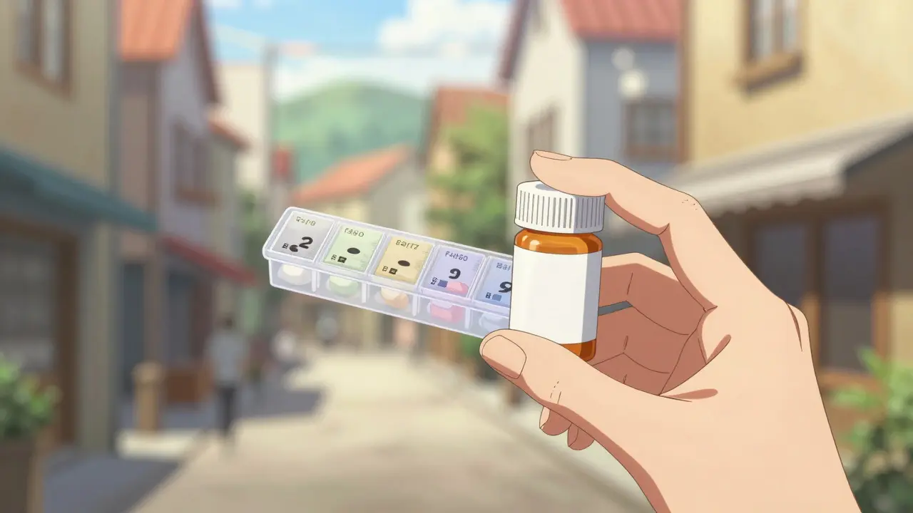 Anime close-up of hands holding medication organizer and prescription bottle