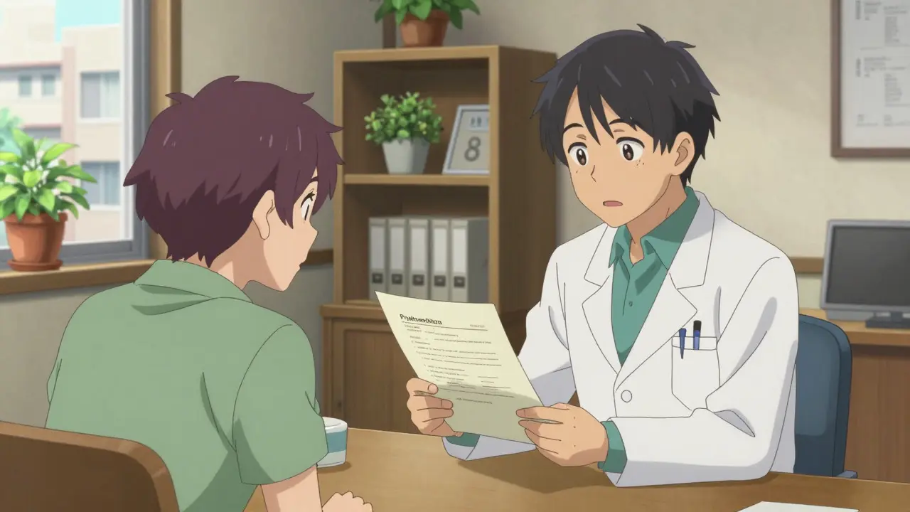 Anime doctor reviewing medical documents with anxious patient in clinic