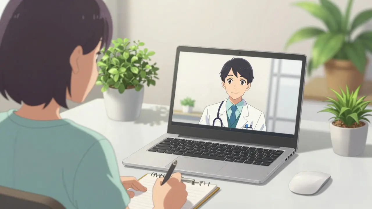 Anime style video call with doctor on laptop screen