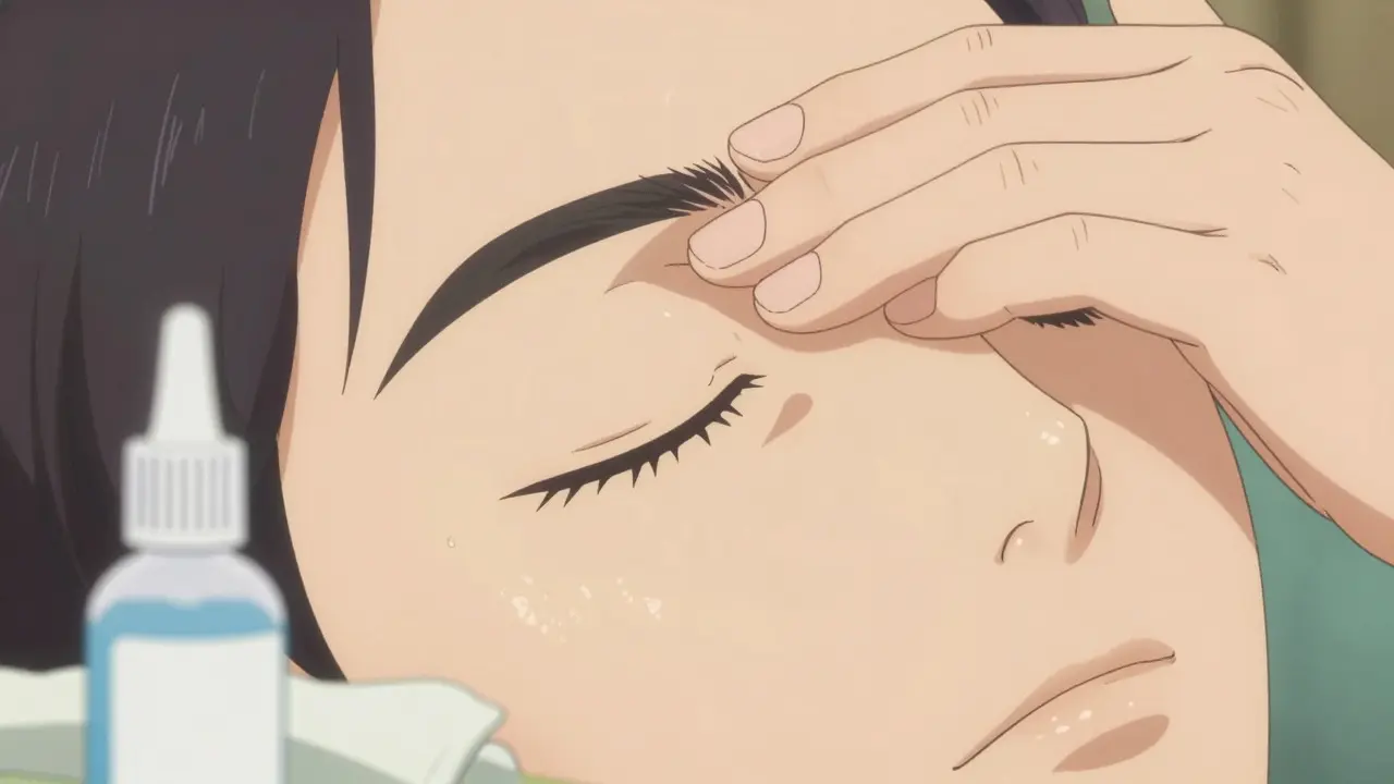 Close-up anime illustration of a hand gently massaging an eyelid after heat therapy