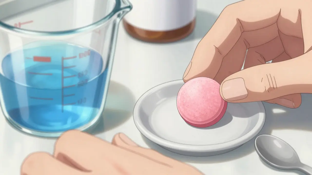 Close-up comparing liquid medicine cup with a precise chewable tablet.