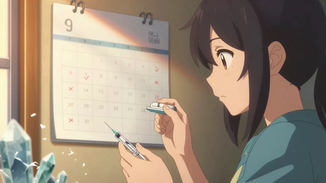 Determined woman managing medication schedule while crystals fade in the background.