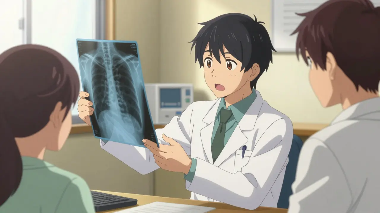 Doctor explaining chest X-ray results to a patient in clinic