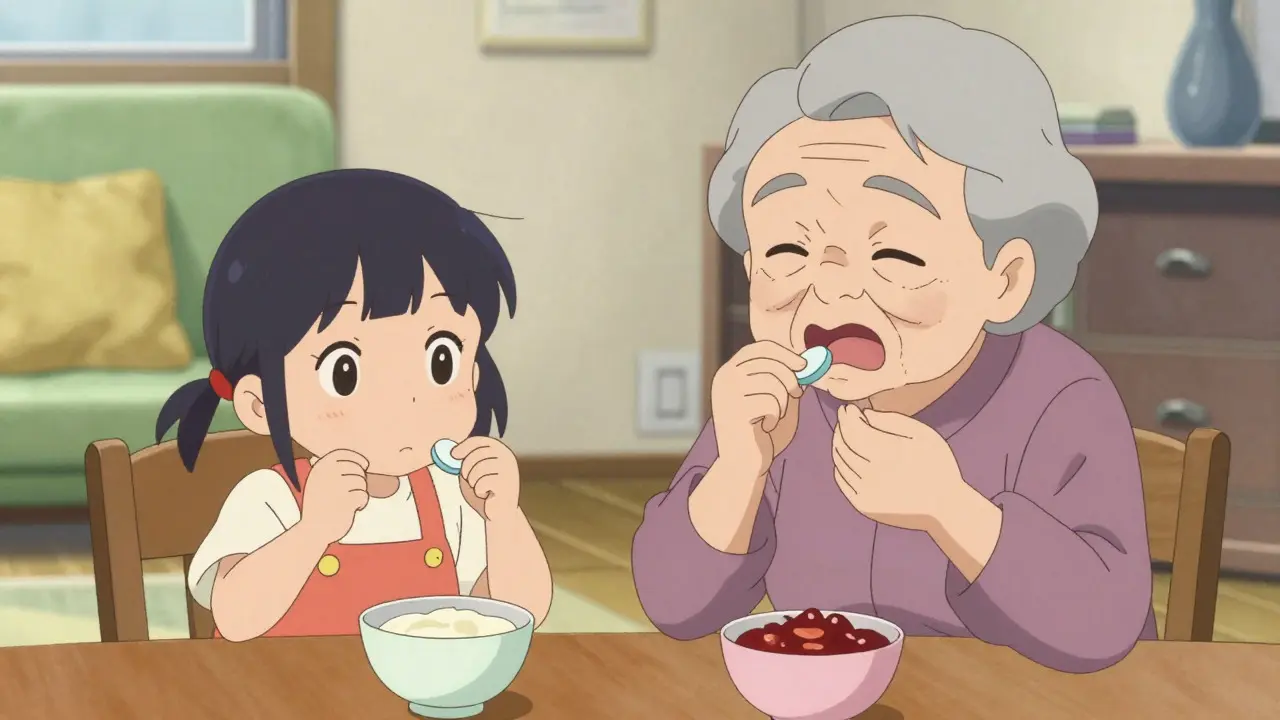 Grandmother teaching a child how to properly chew a medication tablet.