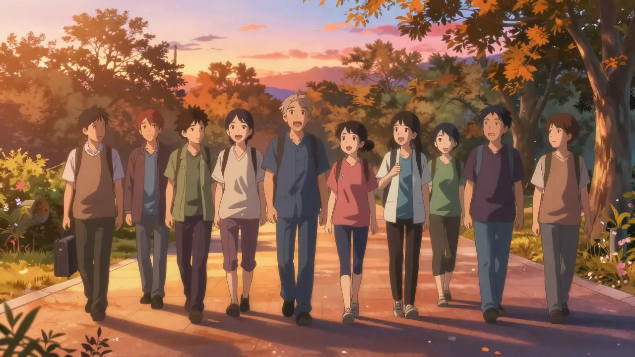 Group of people walking and talking in a park at sunset