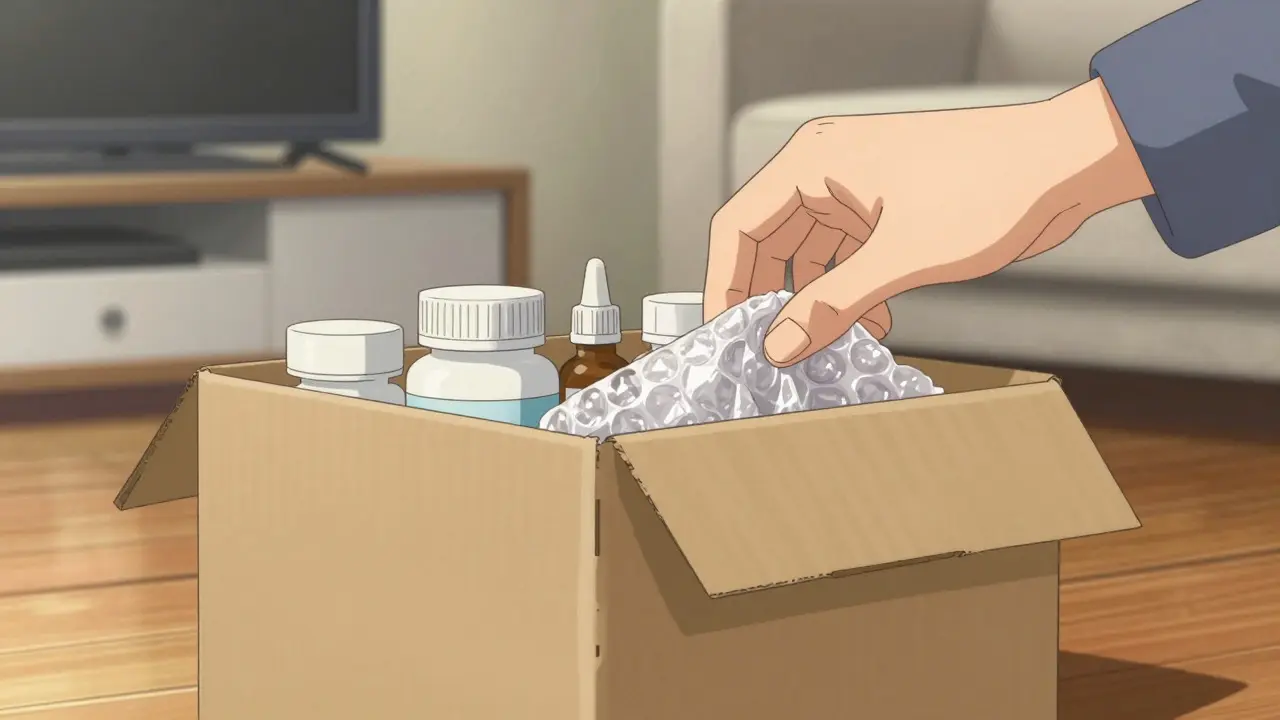Hands opening a package containing medicine bottles on a wooden floor