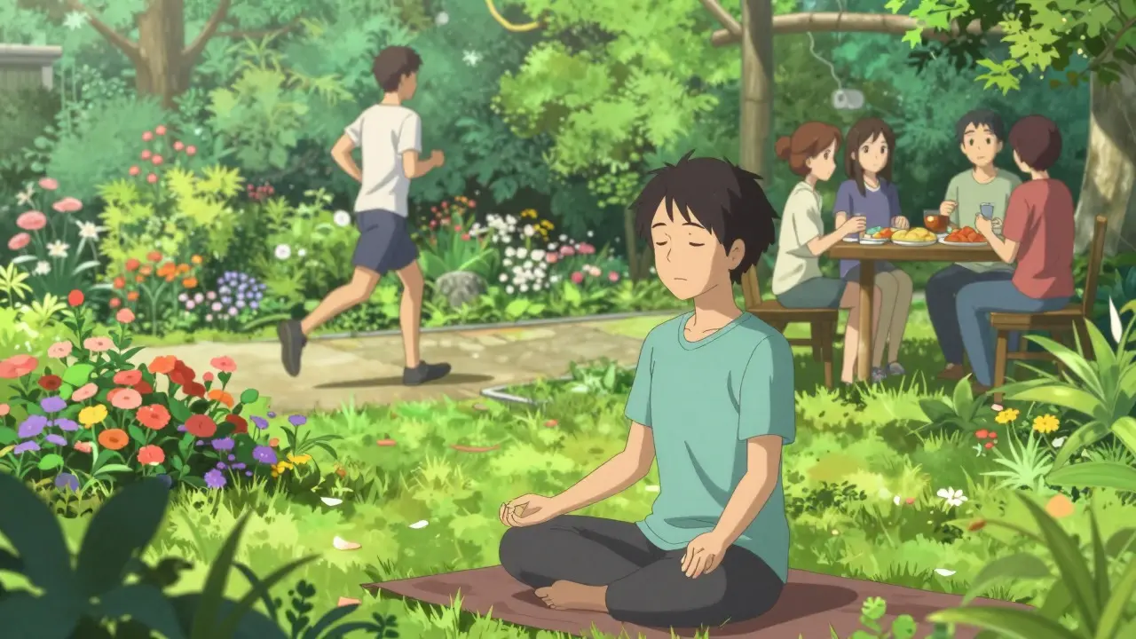 People meditating, exercising, and dining in a vibrant garden setting