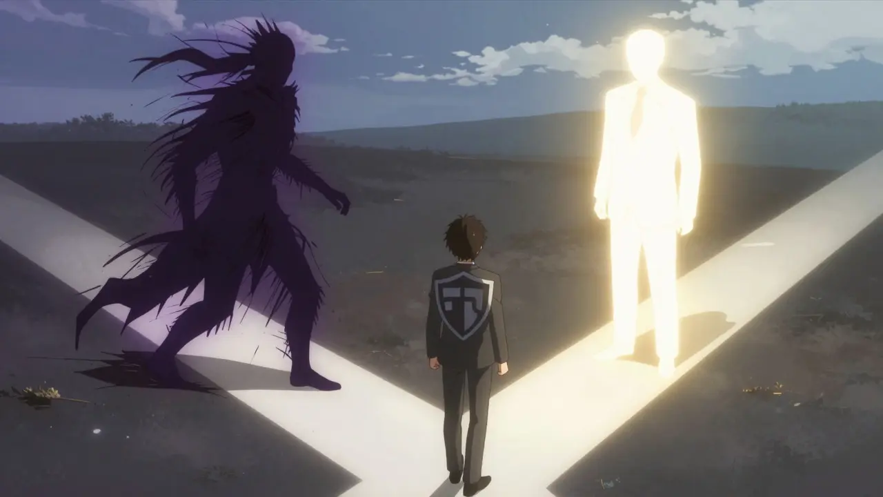 Person choosing a safe path represented by light in an anime style