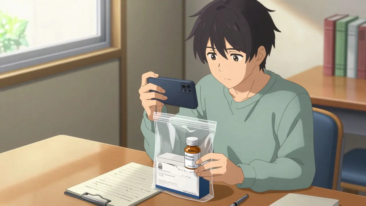 Person placing medication in an evidence bag while taking photos in anime style