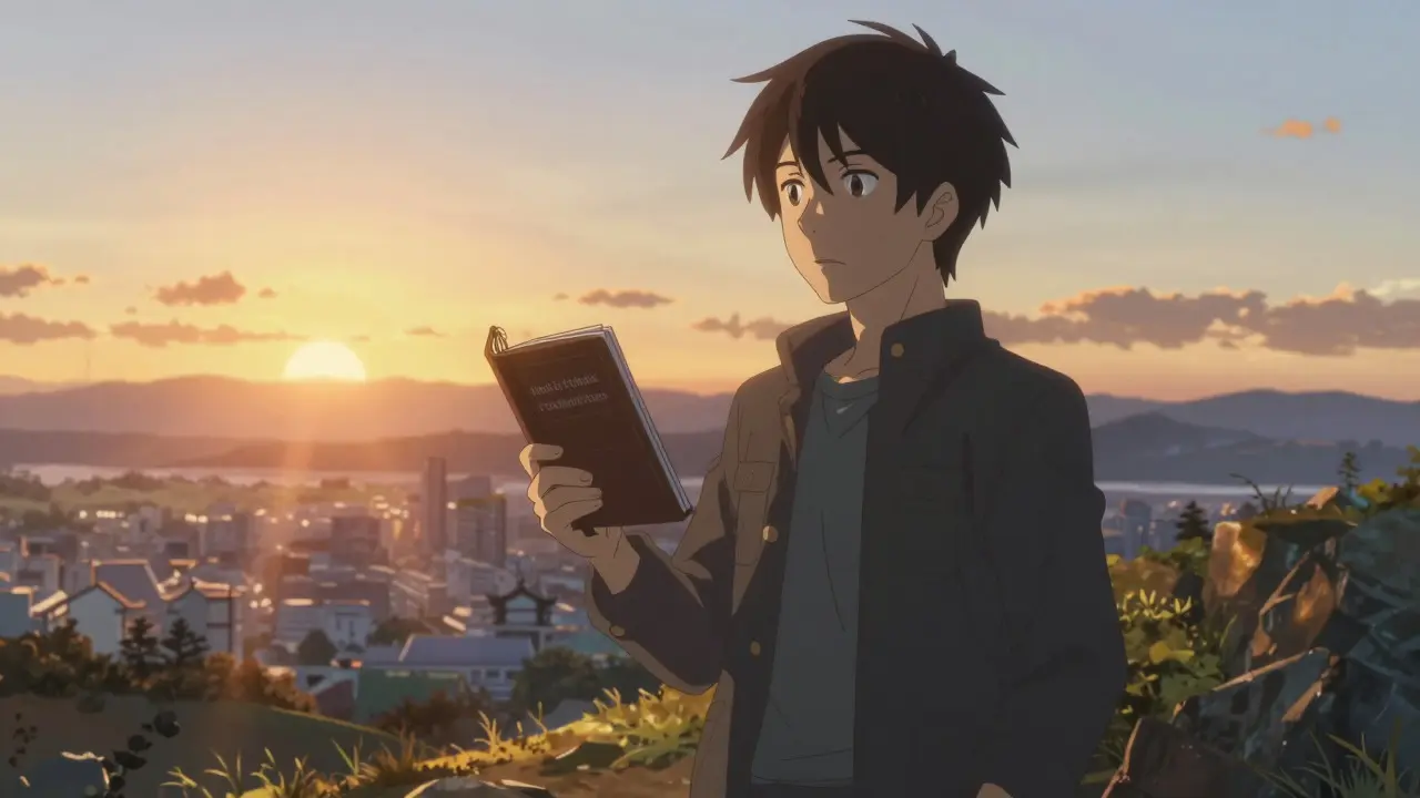 Person standing on a hill at sunrise holding a journal, looking hopeful
