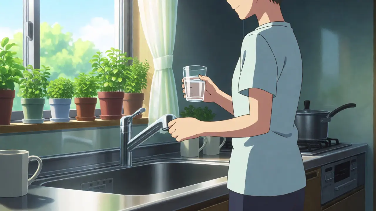 Person taking morning medication in a sunny kitchen