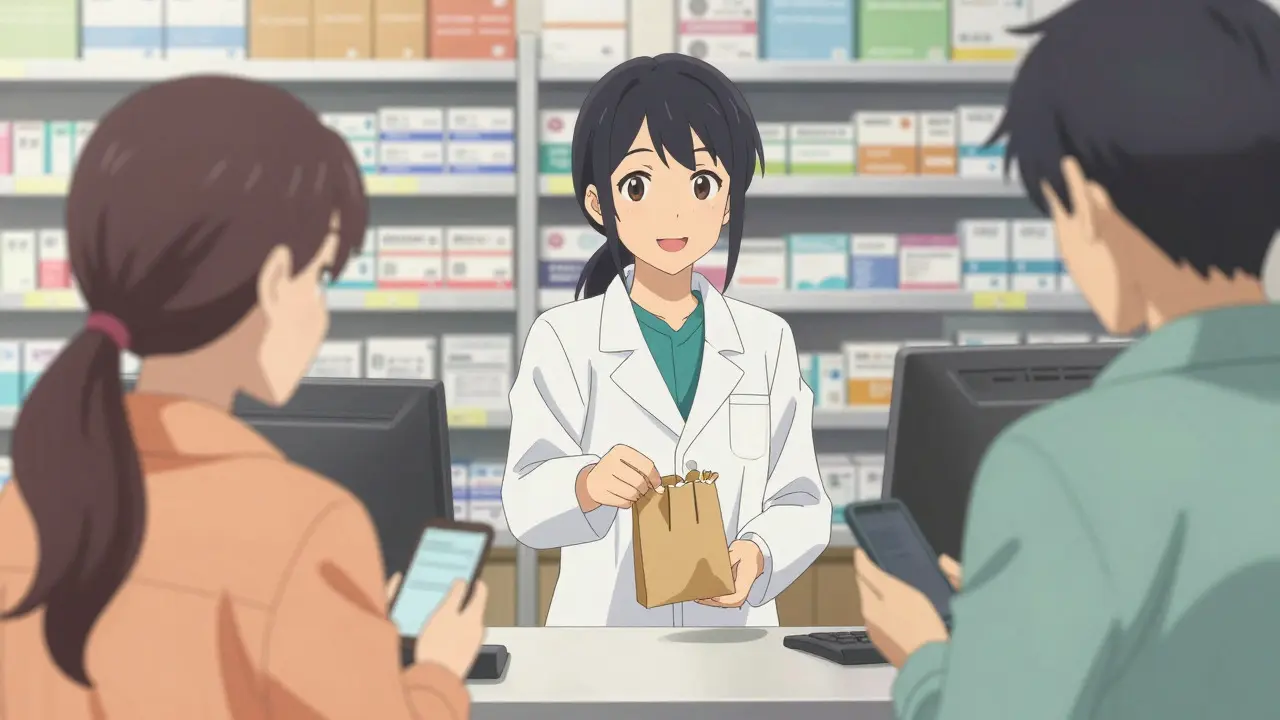 Pharmacist handing medication to a customer in a bright pharmacy