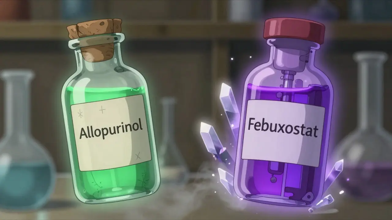 Two stylized medicine bottles representing different gout treatments dissolving crystals.