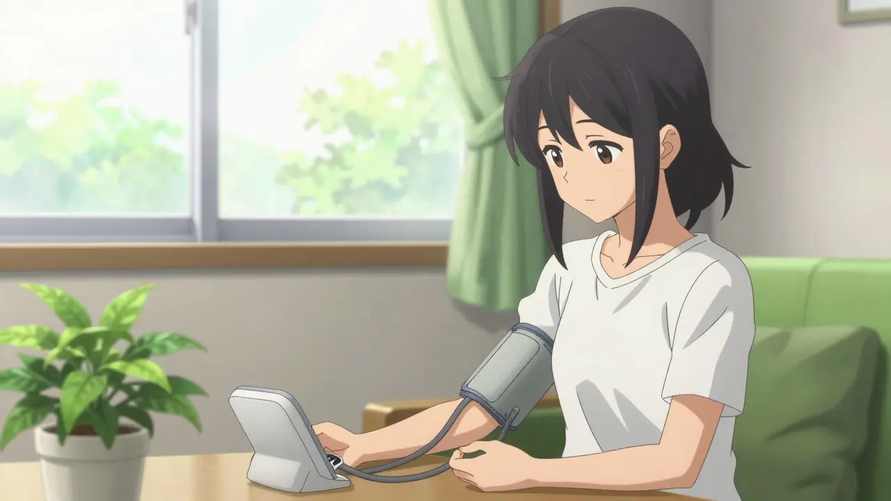 Woman performing home health monitoring in a bright, cozy living room