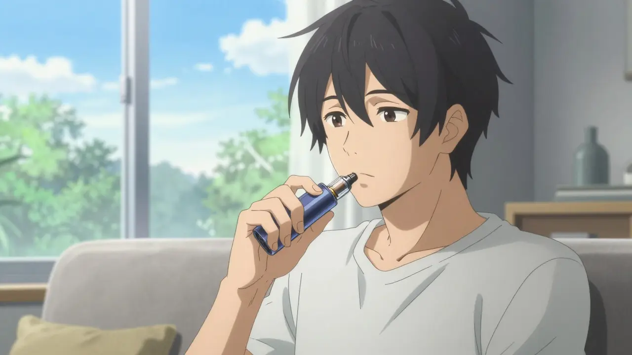 Young man vaping indoors looking concerned about health risks
