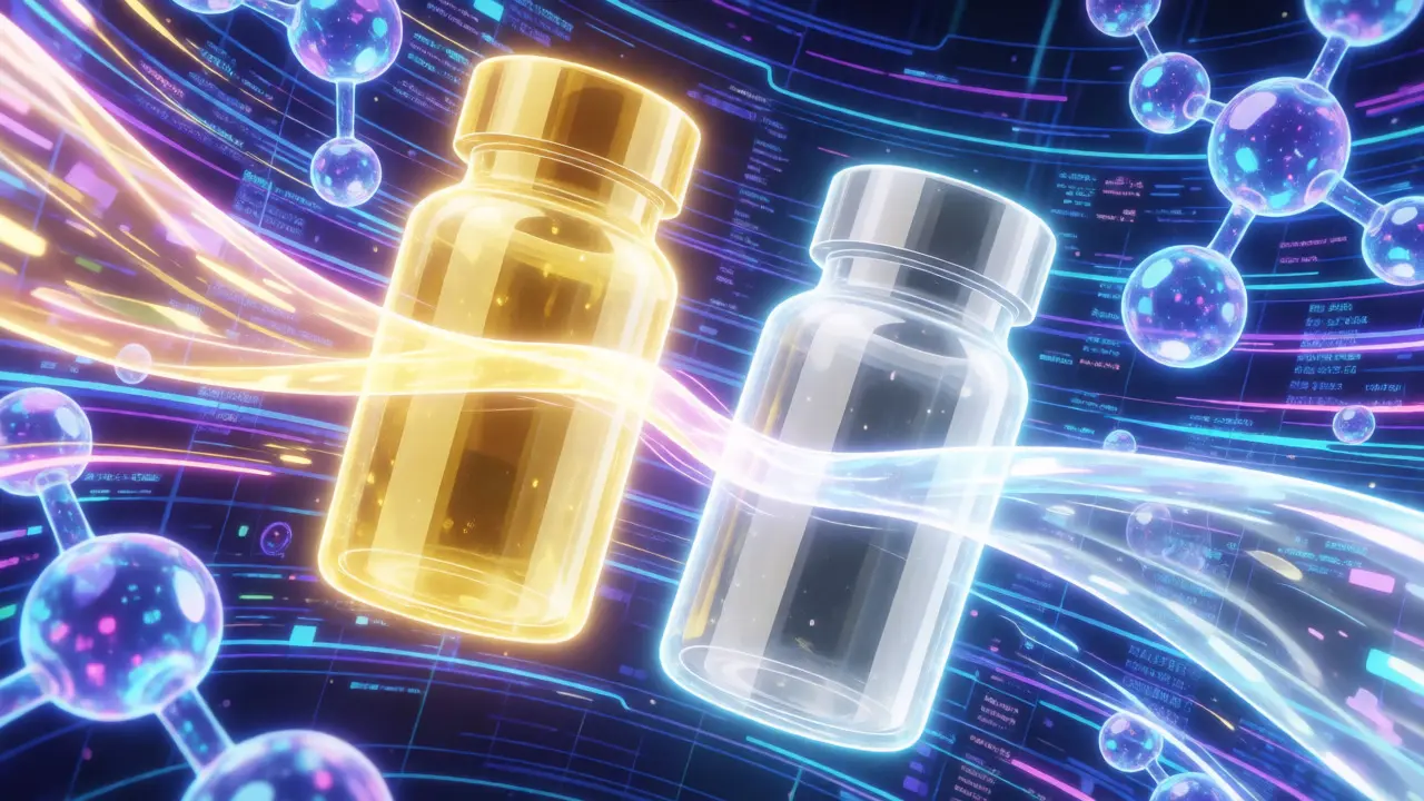 Conceptual visualization of brand and authorized generic strategies with glowing pills.