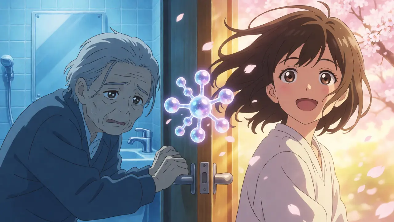 Contrast between urinary discomfort and allergy relief in anime style