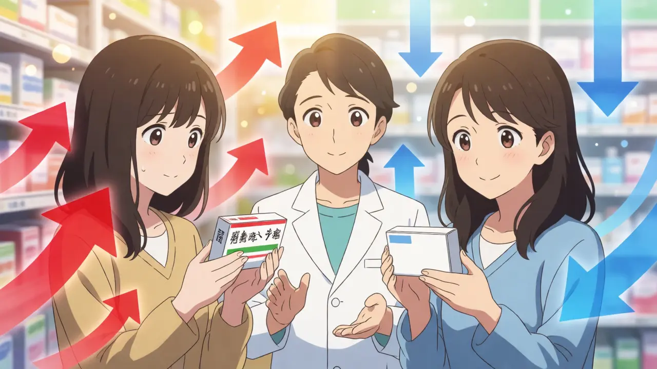 Customer comparing premium and generic medication options in a bright pharmacy.